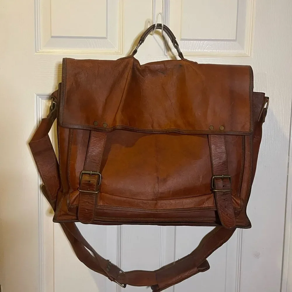 Komal's Passion Leather distressed tan Messenger Commuter large Shoulder Bag